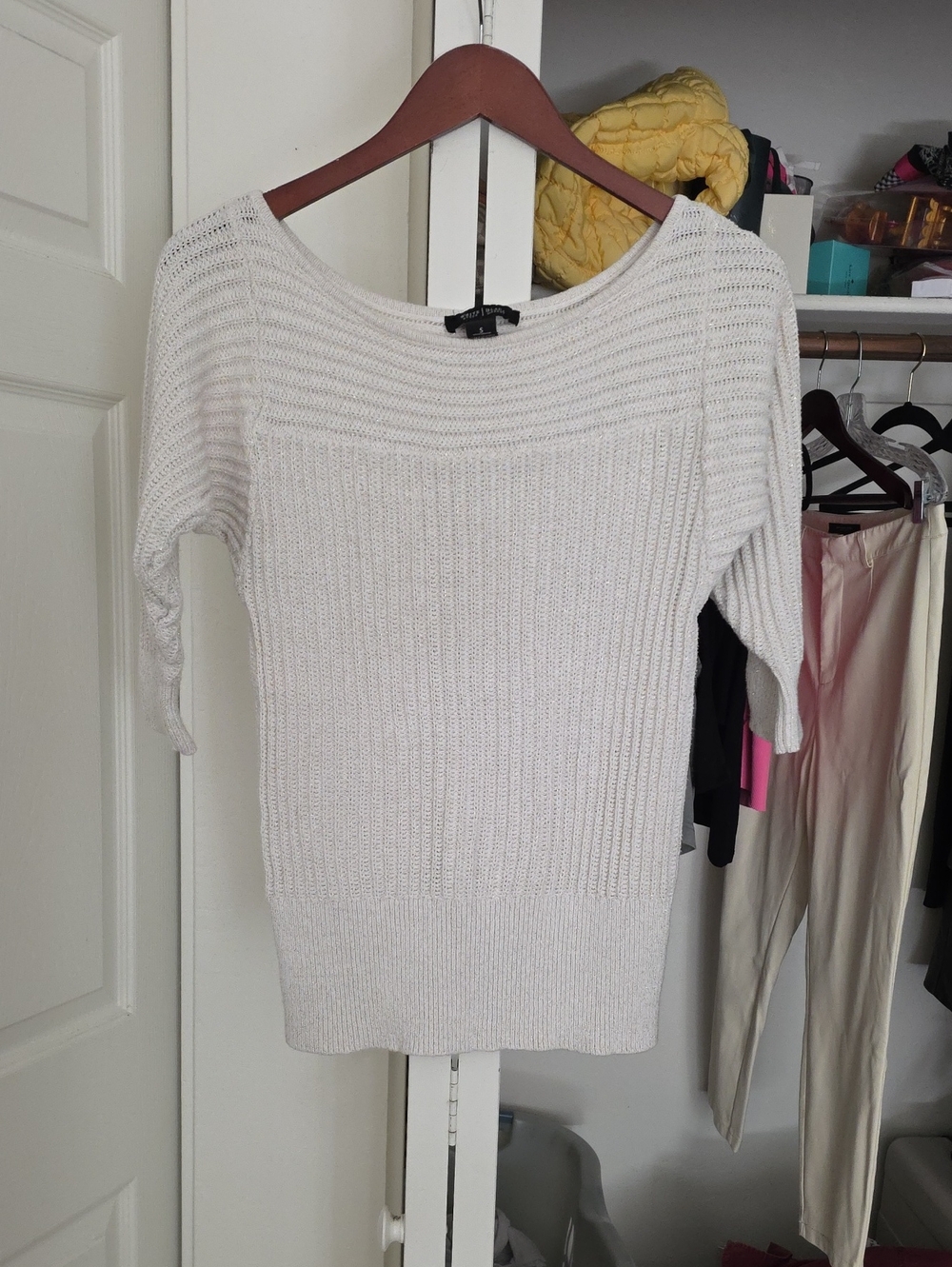 White House Black Market White Glitter Ribbed Scoopneck Sweater